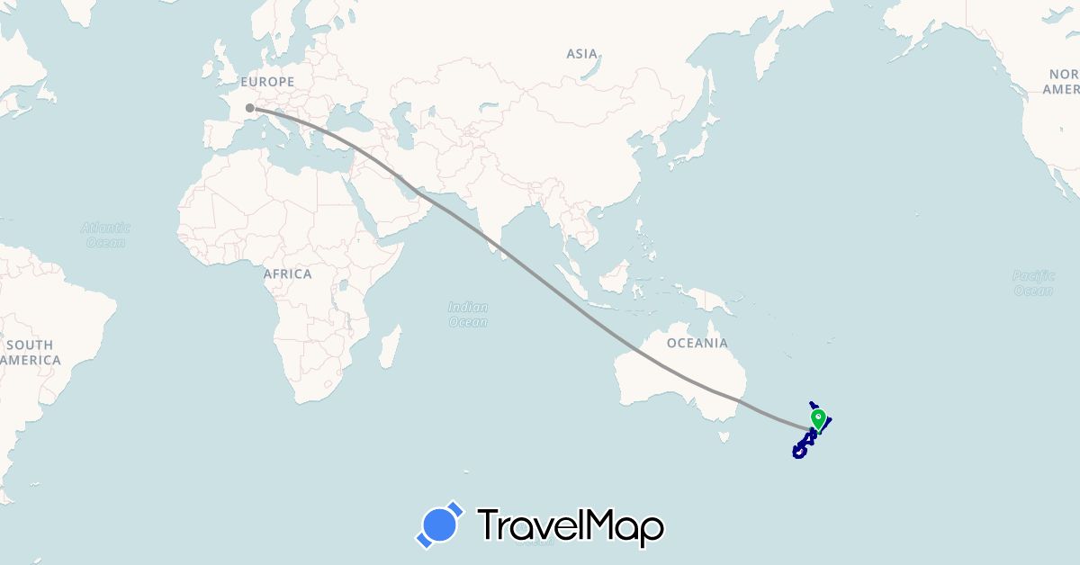 TravelMap itinerary: driving, bus, plane, train, hiking, boat in United Arab Emirates, Australia, France, New Zealand (Asia, Europe, Oceania)